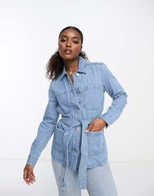 Miss Selfridge tie waist denim shacket in blue