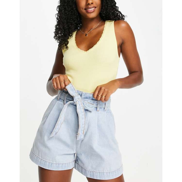 ASOS LUXE denim shorts with chiffon frill hem in blue