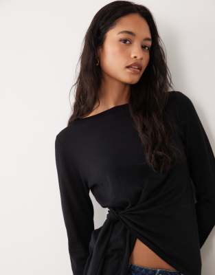 Miss Selfridge Tie Waist Fine Gauge Knit Top In Black