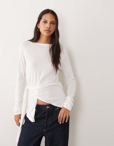 Miss Selfridge tie waist fine gauge knit top in cream - view 1
