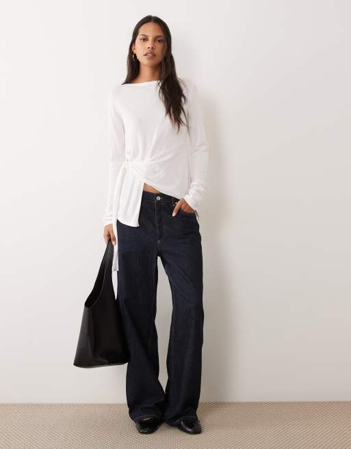 Miss Selfridge tie waist fine gauge knit top in cream, 2 of 4