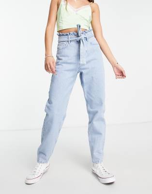 tie waist mom jeans in mid wash blue