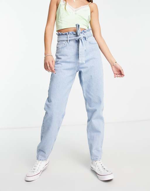 Miss Selfridge tie waist mom jeans in mid wash blue