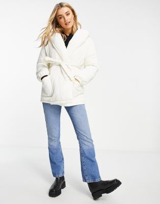 Miss Selfridge tie waist puffer jacket in ivory