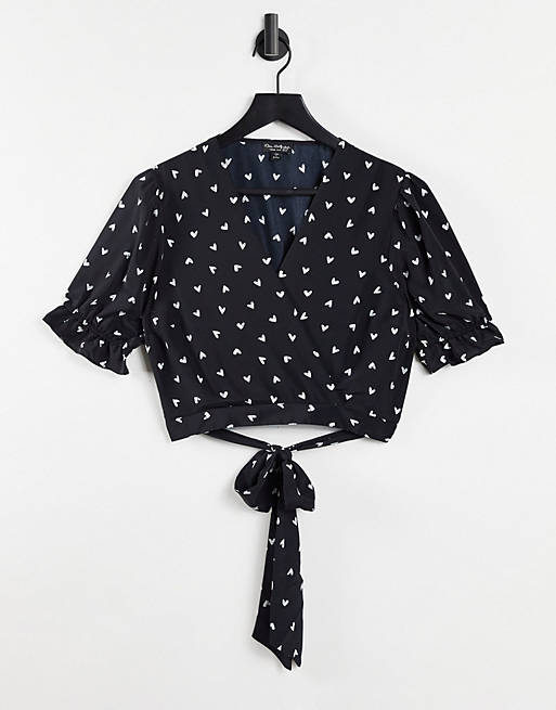 Miss Selfridge tie waist wrap blouse in heart print