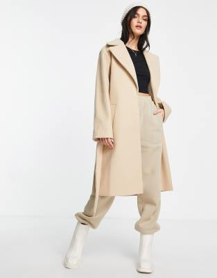 Miss Selfridge tie waist wrap midi coat in light camel