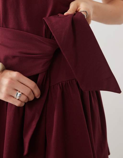 Miss Selfridge tie waisted mini dress in burgundy, 3 of 4