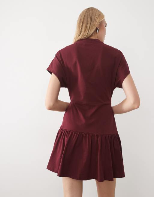 Miss Selfridge tie waisted mini dress in burgundy, 4 of 4