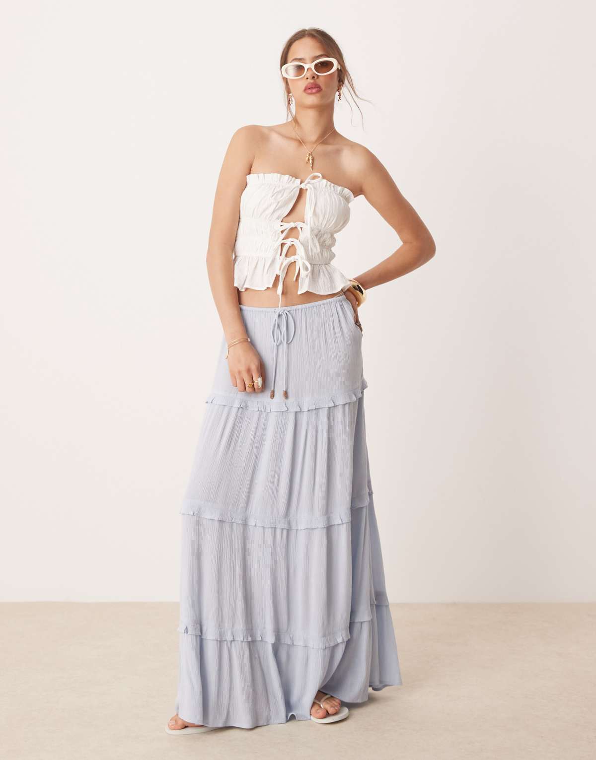 Miss Selfridge tiered cheesecloth maxi skirt in light blue