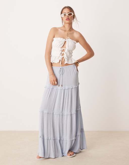 Miss Selfridge tiered cheesecloth maxi skirt in light blue