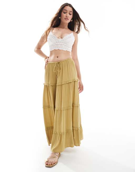 Miss Selfridge tiered cheesecloth maxi skirt in light khaki