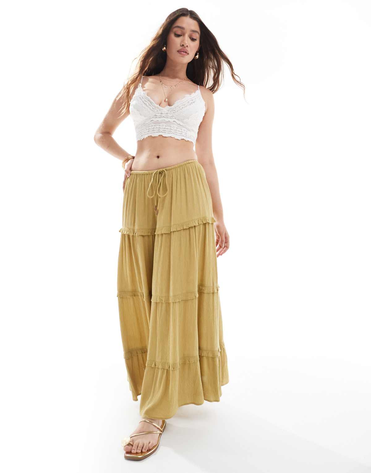 Miss Selfridge tiered cheesecloth maxi skirt light khaki