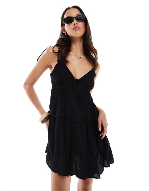 Miss Selfridge tiered cheesecloth mini slip dress in black - view 1