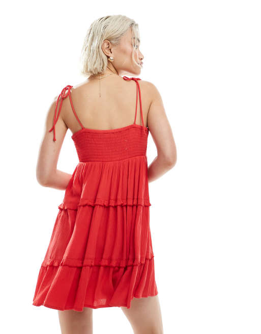 Miss Selfridge tiered cheesecloth mini slip dress in red, 4 of 4