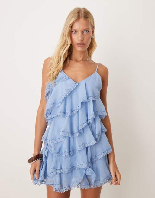 Miss Selfridge tiered chiffon mini dress with lace detail in blue