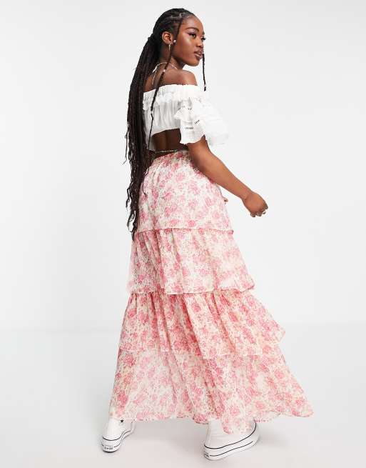 Miss Selfridge tiered chiffon ruffle maxi skirt in floral