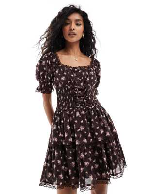Miss Selfridge Tiered Corset Mini Dress In Black Ditsy-multi