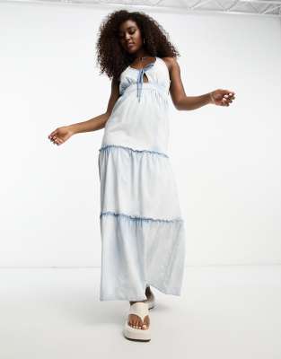 Miss Selfridge Tiered Denim Maxi Dress In Mid Wash-blue