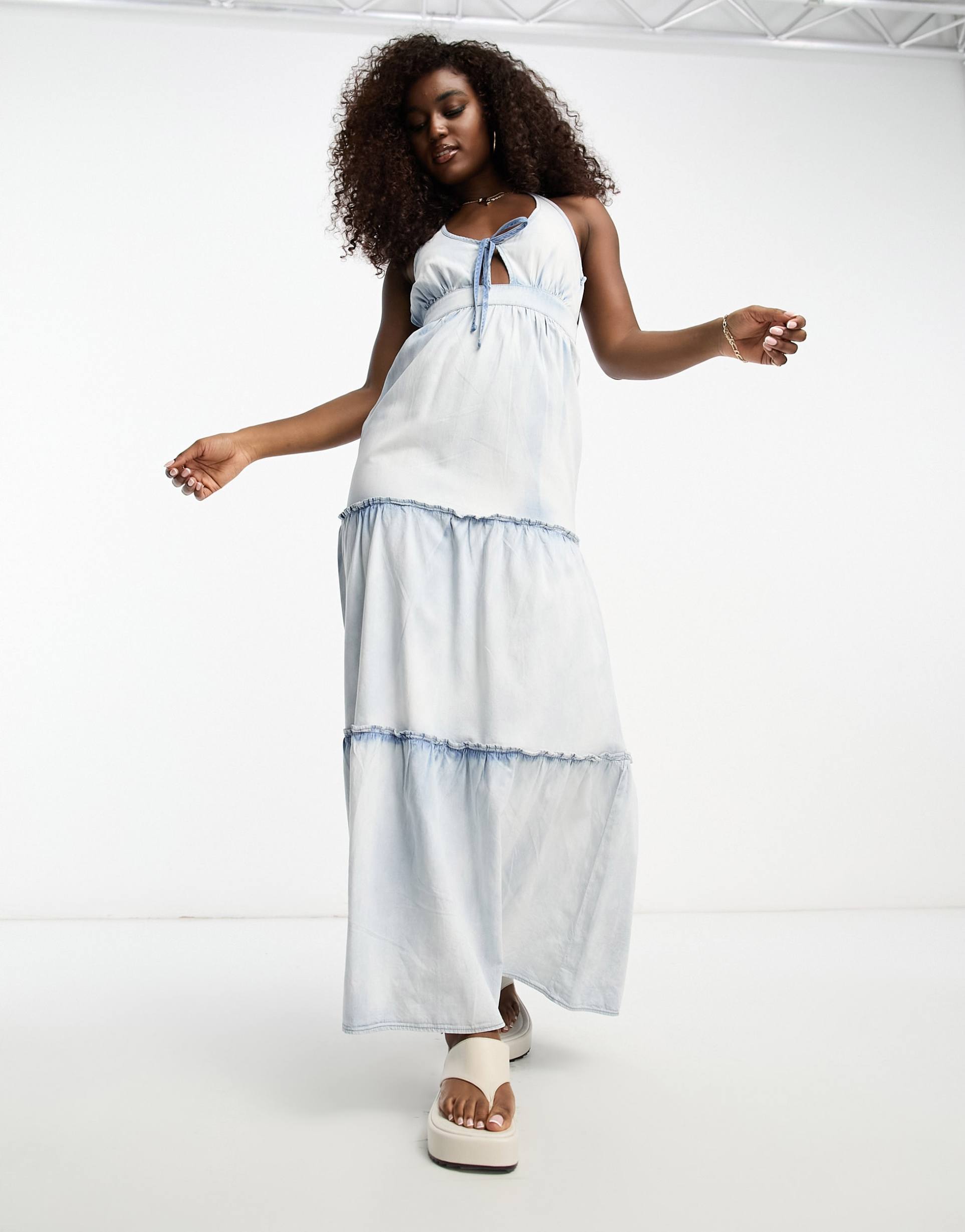 miss selfridge tiered denim maxi dress in mid wash