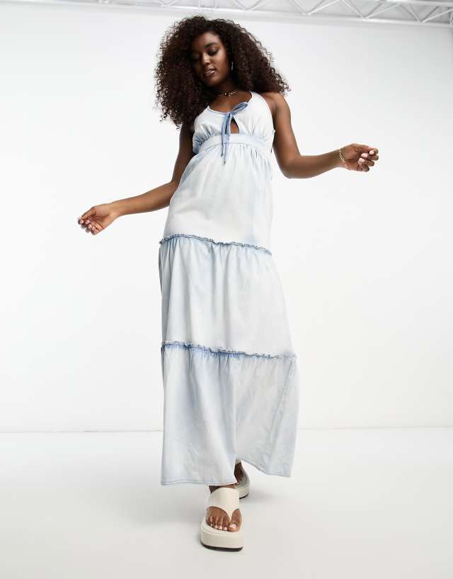 Miss Selfridge - tiered denim maxi dress in mid wash