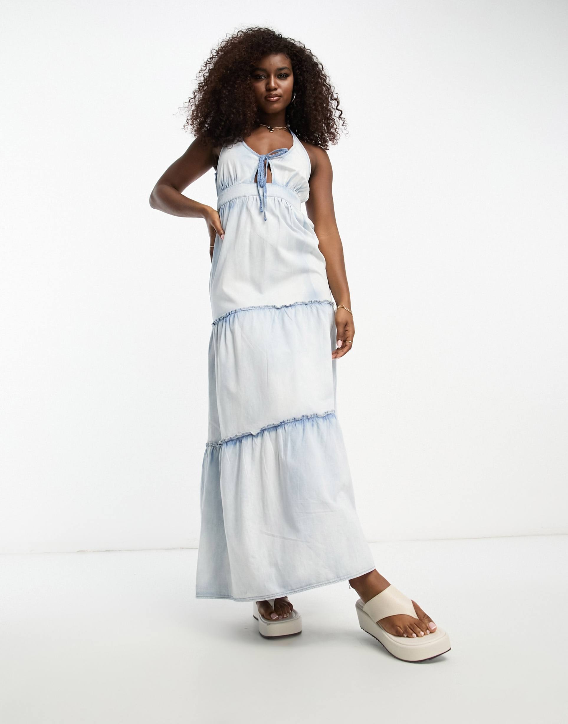 miss selfridge tiered denim maxi dress in mid wash