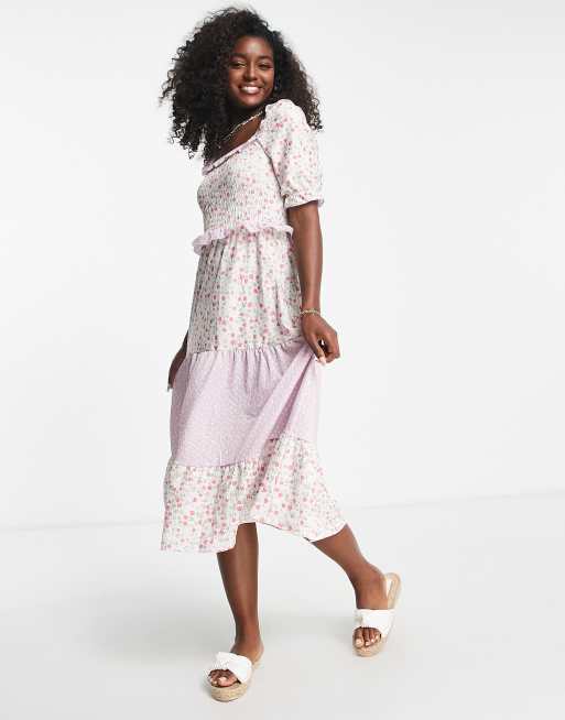 Miss Selfridge tiered frill detail midi dress in mix match