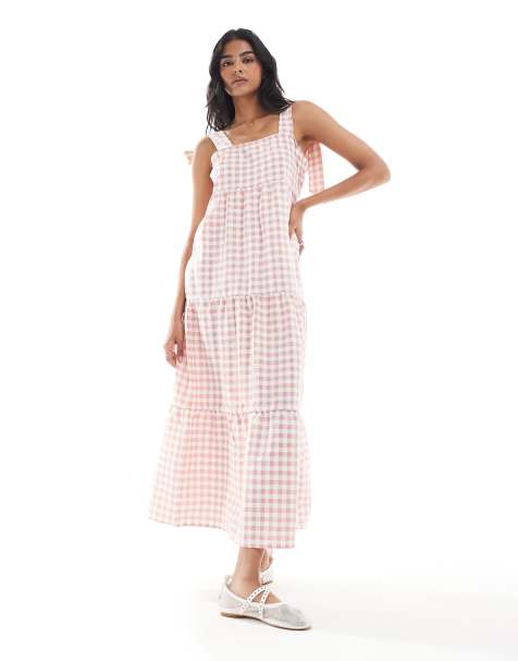 Miss Selfridge tiered gingham maxi dress with tie shoulders in pink - view 1