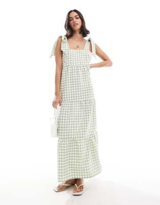 Miss Selfridge tiered gingham maxi dress with tie shoulders in sage-Green