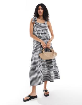 Miss Selfridge Tiered Gingham Maxi Dress With Tie Shoulders-black