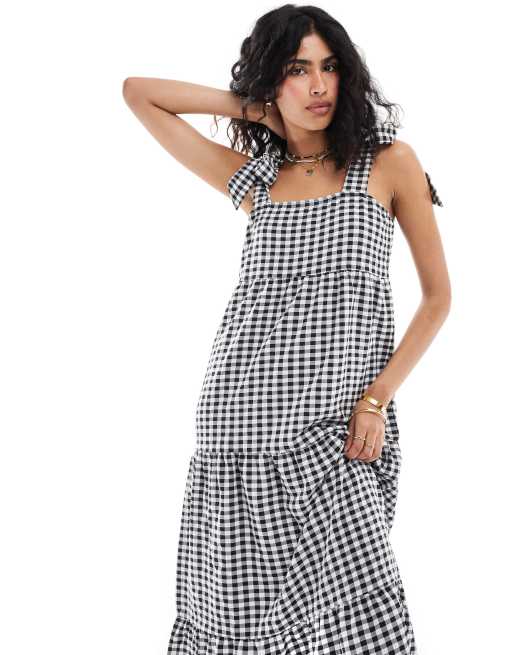 Miss Selfridge tiered gingham maxi dress with tie shoulders ASOS