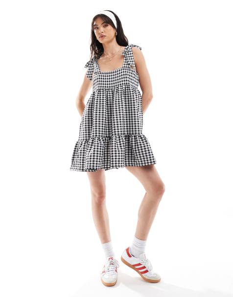 Miss Selfridge tiered gingham mini dress with tie shoulders - view 1