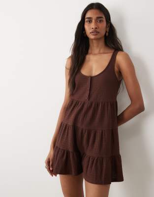 Miss Selfridge Tiered Jersey Romper In Brown