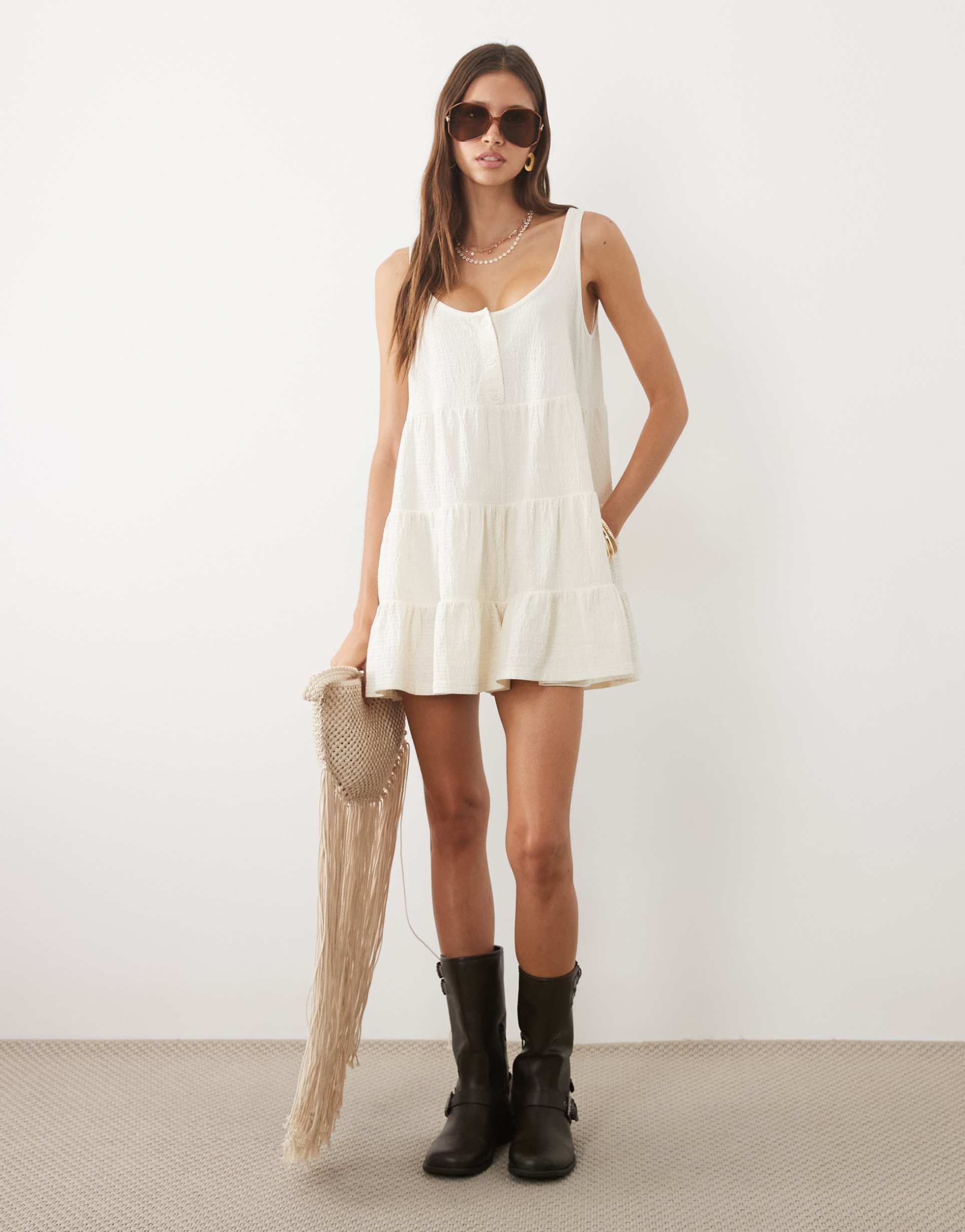 miss selfridge tiered jersey romper in cream