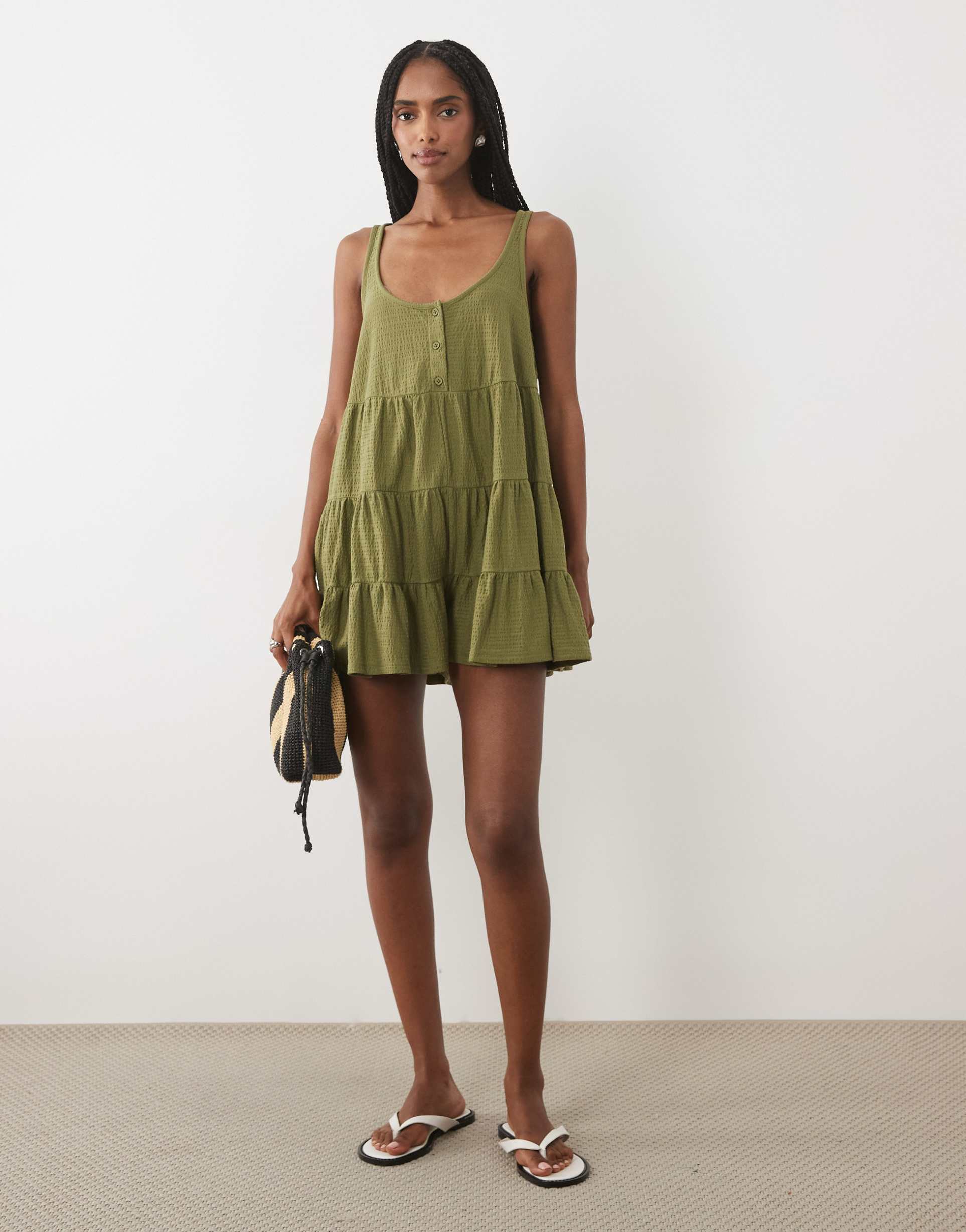 miss selfridge tiered jersey romper in olive
