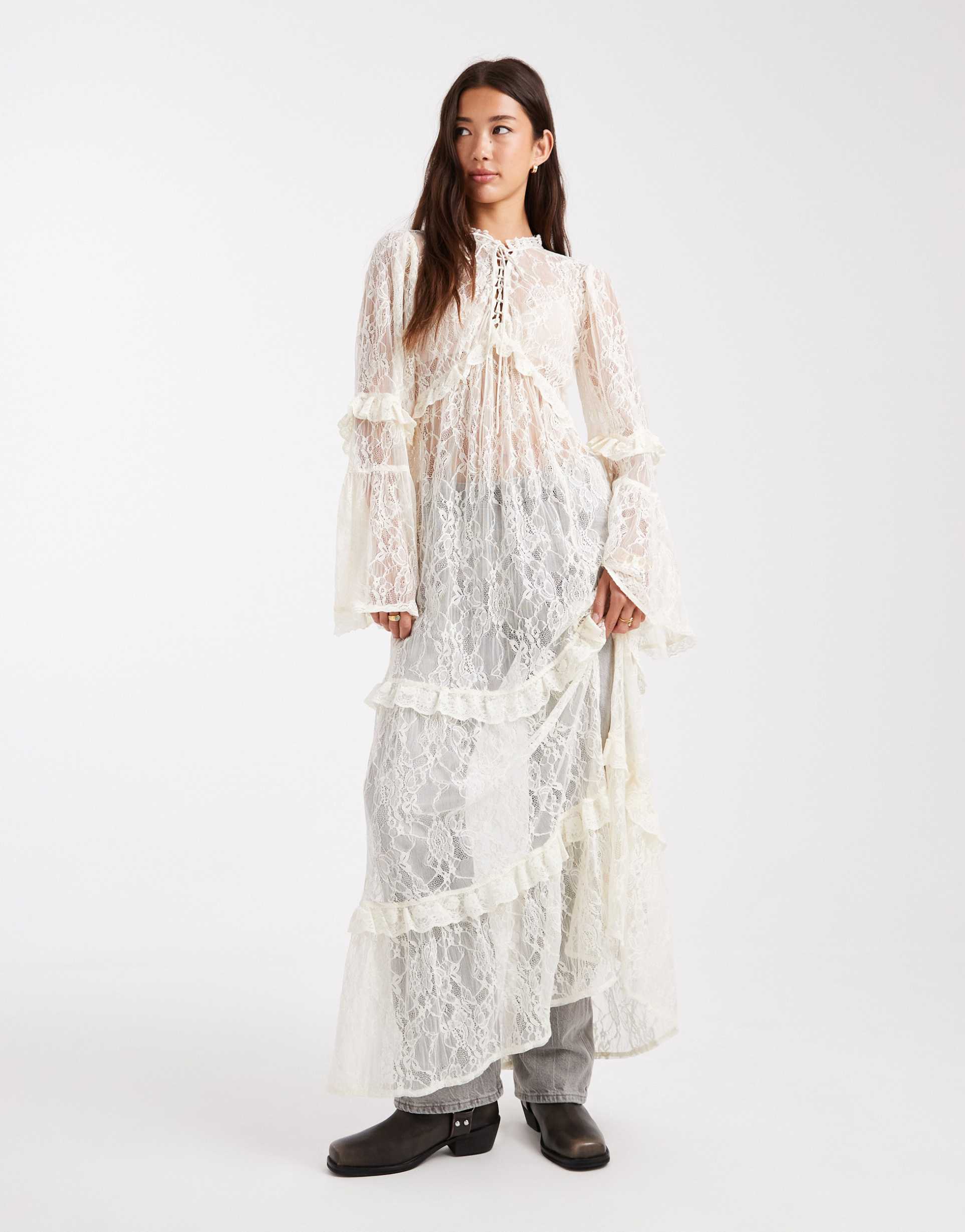 miss selfridge tiered lace maxi dress in ecru
