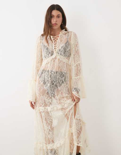 Miss Selfridge tiered lace maxi dress in white, 3 of 4