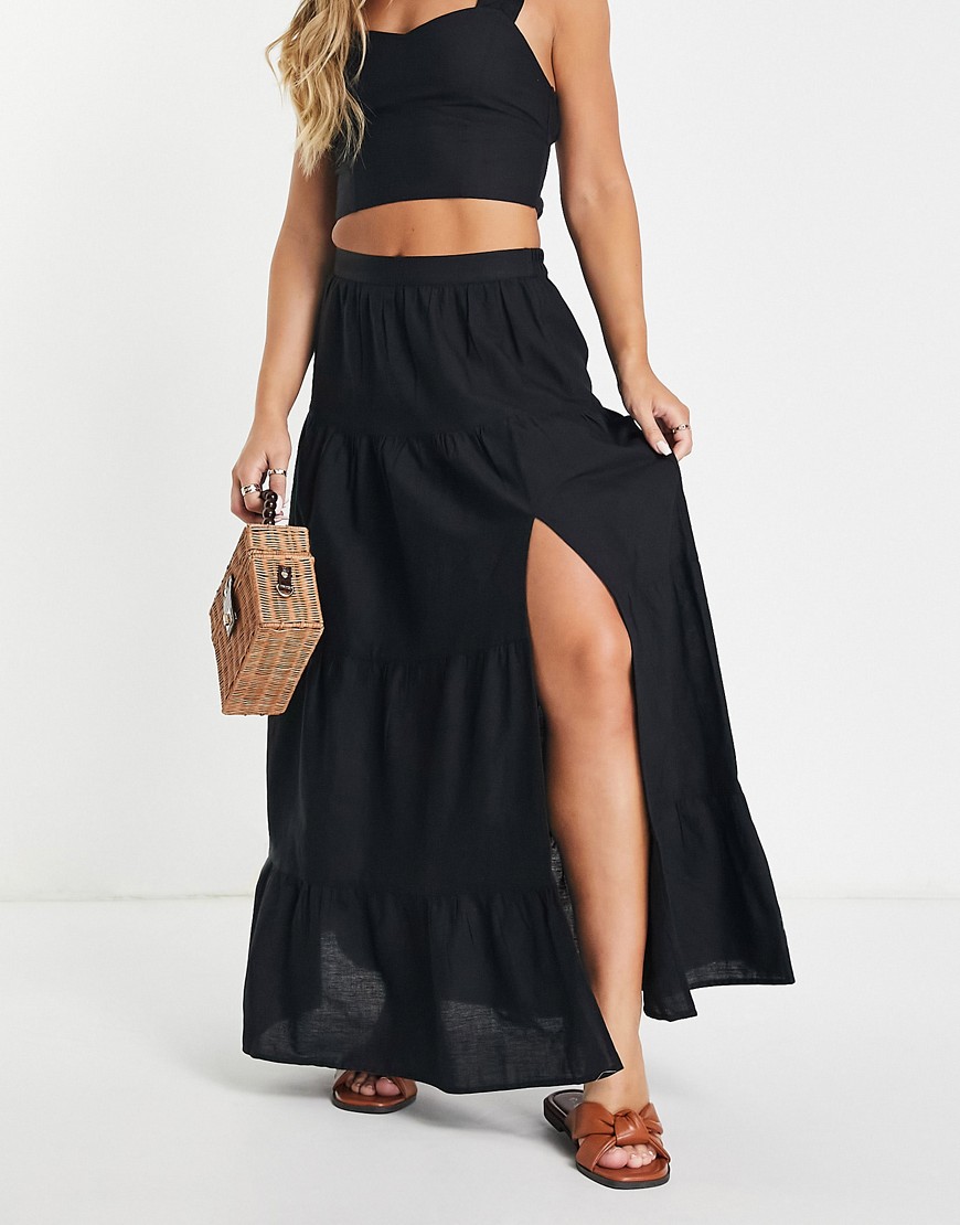 Miss Selfridge tiered linen look maxi skirt in black - part of a set