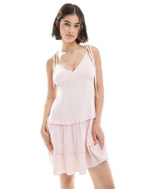 Miss Selfridge tiered linen mix mini dress in pink - view 1