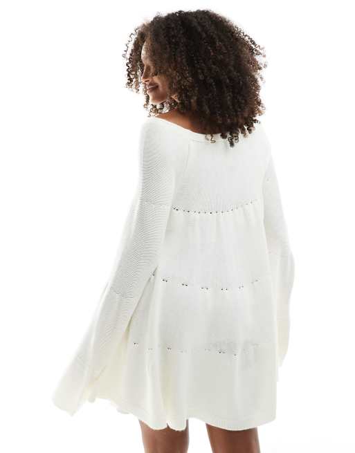 Miss Selfridge tiered long sleeve knit floaty smock dress in cream, 4 of 4