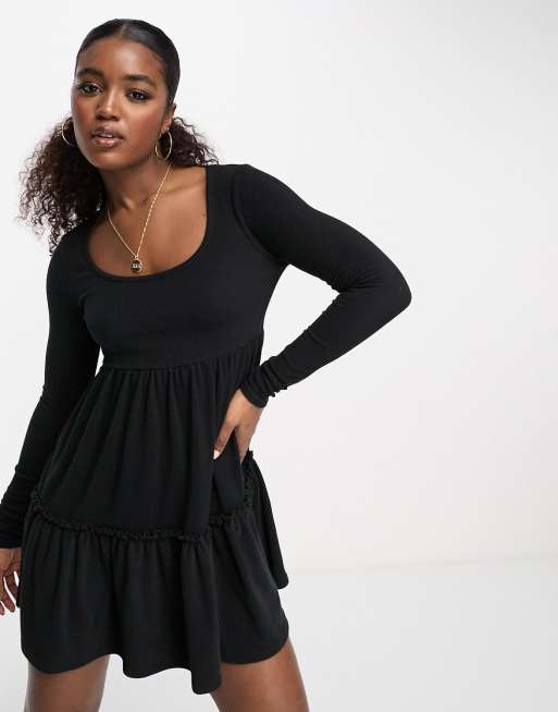 Miss Selfridge tiered long sleeve smock dress in black | ASOS