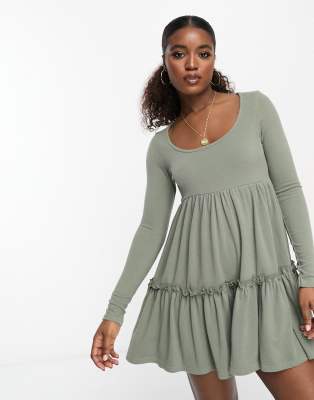 Miss Selfridge tiered long sleeve smock dress in khaki