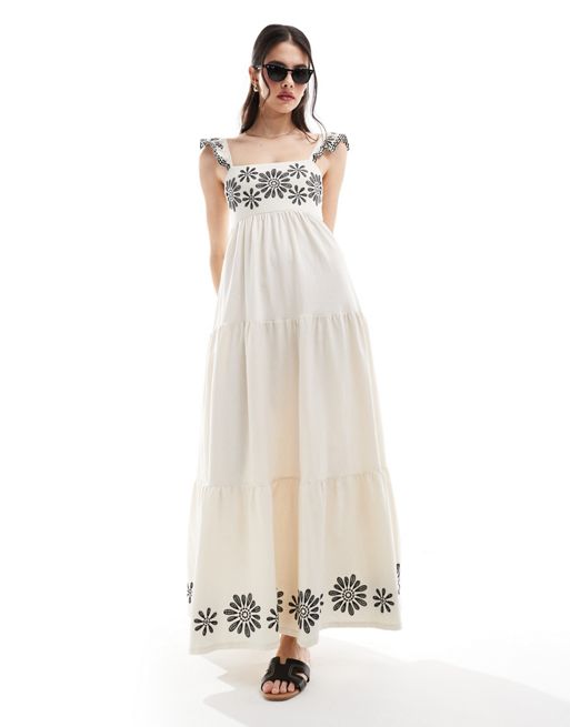Miss Selfridge tiered maxi dress with embroidery detail in cream