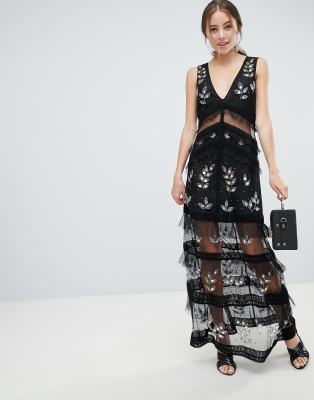 miss selfridge tiered maxi dress with lace detail in black