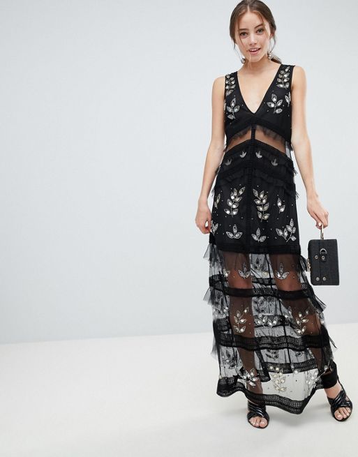 Miss Selfridge tiered maxi dress with lace detail in black | ASOS