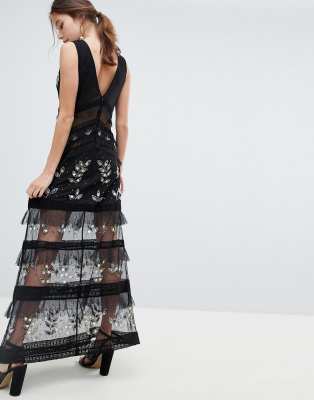 miss selfridge tiered maxi dress with lace detail in black