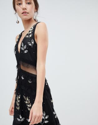 miss selfridge tiered maxi dress with lace detail in black