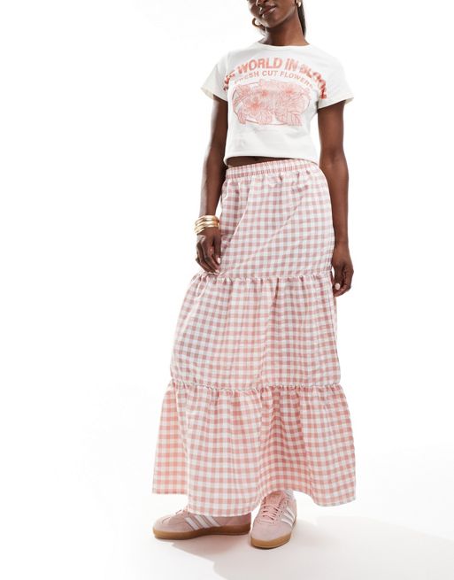  Miss Selfridge tiered maxi gingham skirt in pink