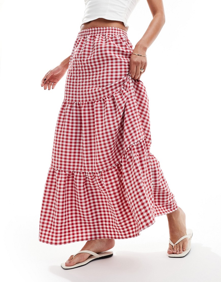 Miss Selfridge tiered maxi gingham skirt in red