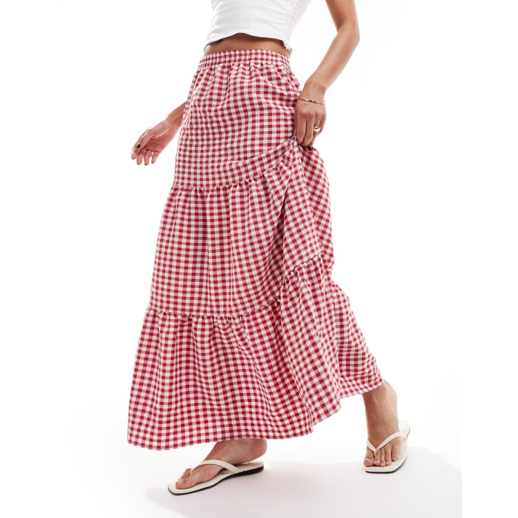 Miss Selfridge tiered maxi gingham skirt in red ASOS