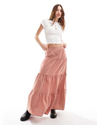 tiered maxi gingham skirt in rust-Brown